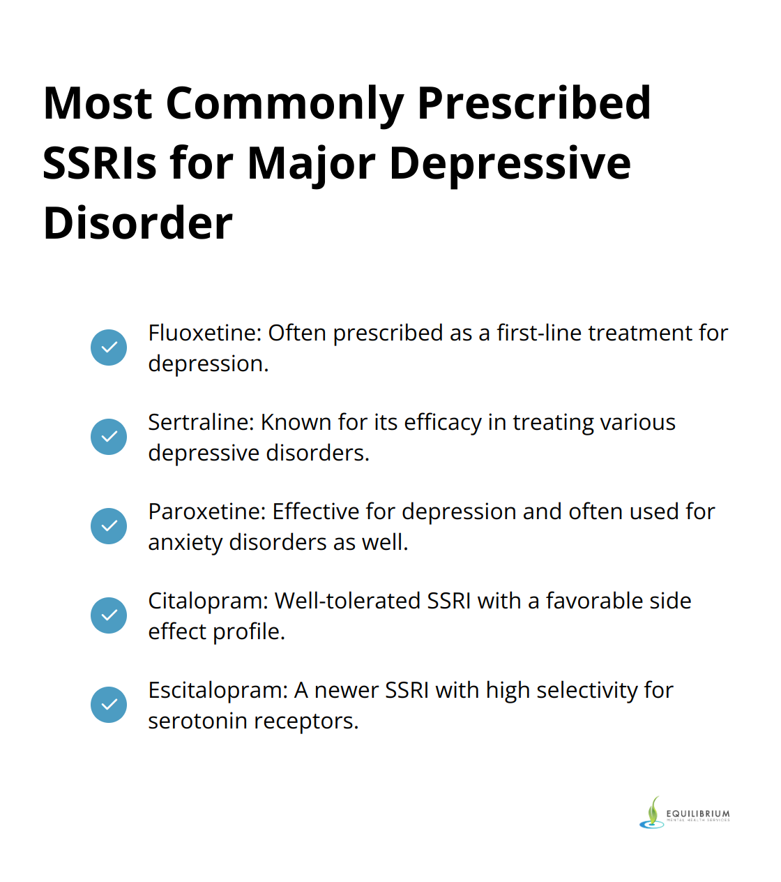 Checkmark list of the five most commonly prescribed SSRIs for major depressive disorder: fluoxetine, sertraline, paroxetine, citalopram, and escitalopram