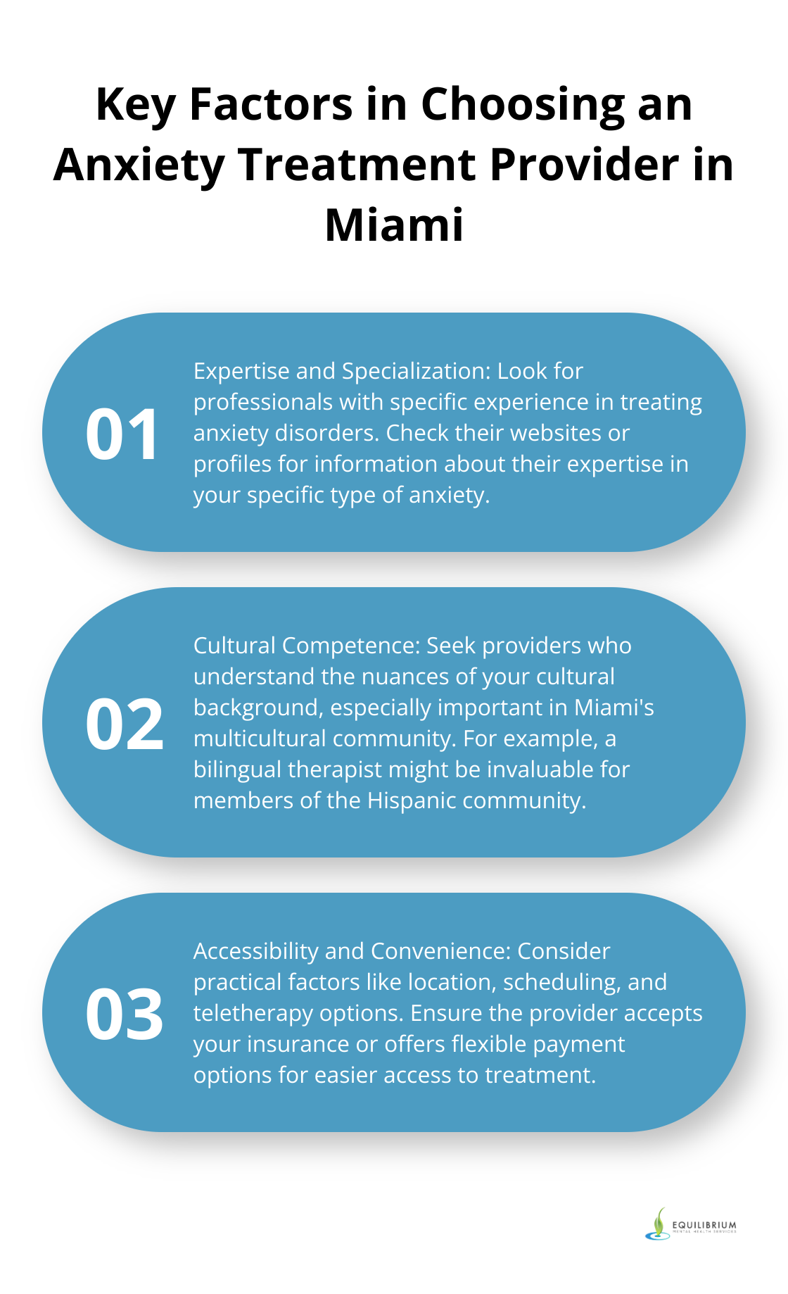 Ordered list chart showing three key factors to consider when choosing an anxiety treatment provider in Miami: Expertise and Specialization, Cultural Competence, and Accessibility and Convenience.