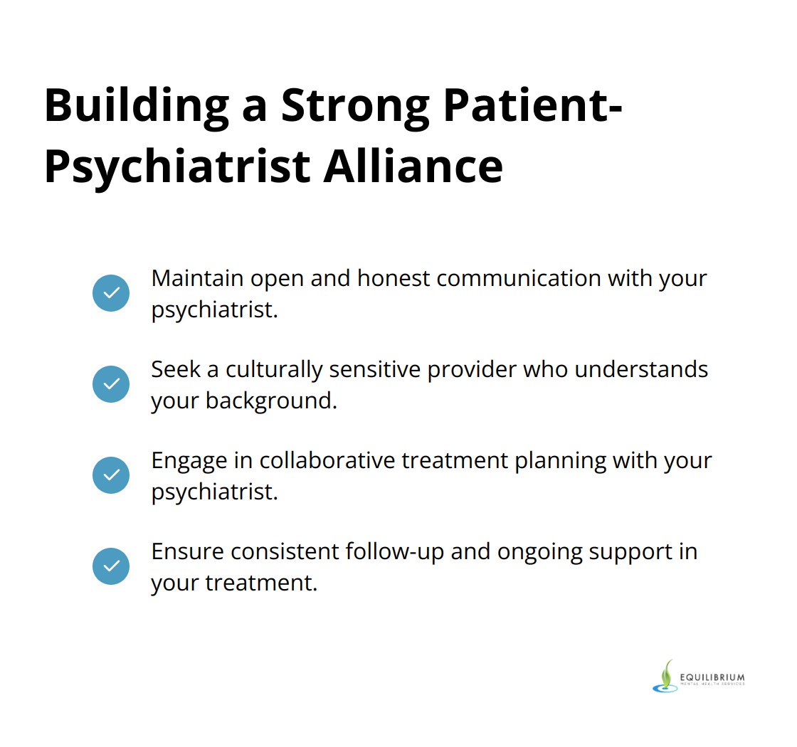 A checkmark list of key elements for building a strong alliance with your psychiatrist: open communication, cultural sensitivity, collaborative treatment planning, and consistent follow-up. - Coral Gables Psychiatrist