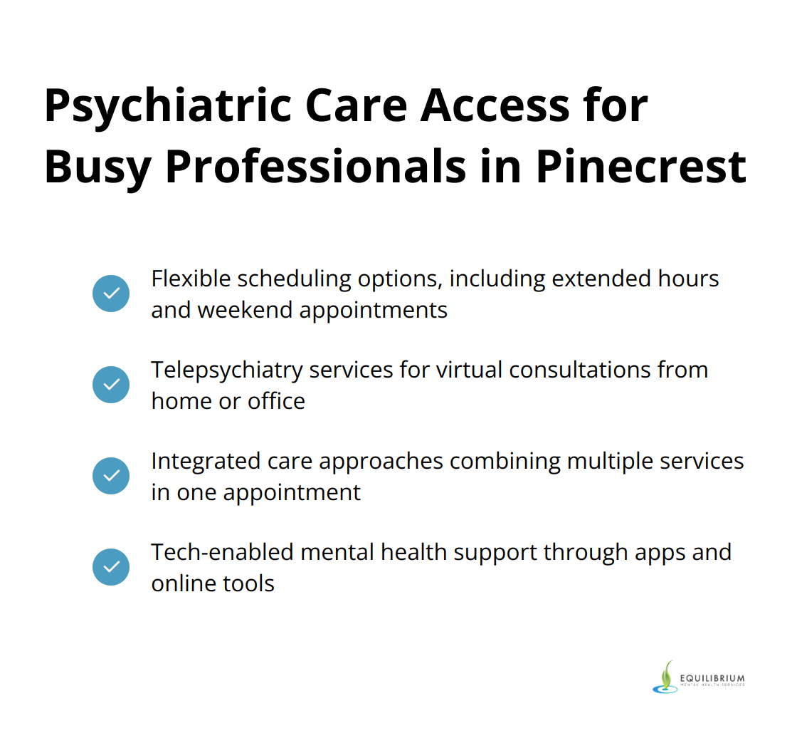 Checkmark list showing various ways busy professionals can access psychiatric care in Pinecrest, including flexible scheduling, telepsychiatry, integrated care, and tech-enabled support. - Pinecrest psychiatry