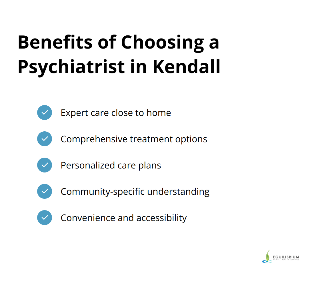 A checklist of five benefits of choosing a local psychiatrist in Kendall: Expert care close to home, Comprehensive treatment options, Personalized care plans, Community-specific understanding, and Convenience and accessibility.