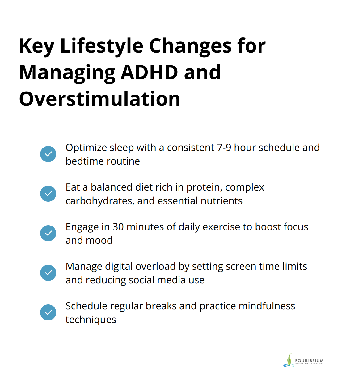 Checkmark list of key lifestyle changes for managing ADHD and overstimulation, including optimizing sleep, balanced diet, regular exercise, managing digital overload, and scheduling downtime.