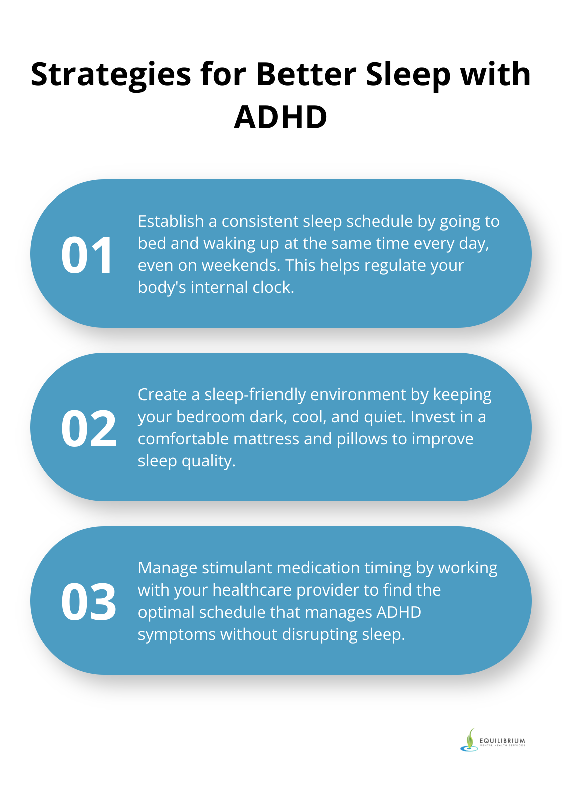 Three key strategies for improving sleep quality in individuals with ADHD: consistent sleep schedule, sleep-friendly environment, and medication timing - adhd and sleep problems