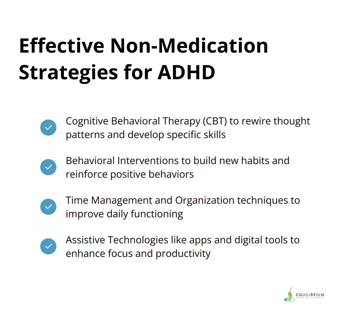 Checkmark list of effective non-medication strategies for ADHD: Cognitive Behavioral Therapy, Behavioral Interventions, Time Management and Organization, and Assistive Technologies - adhd help without medication