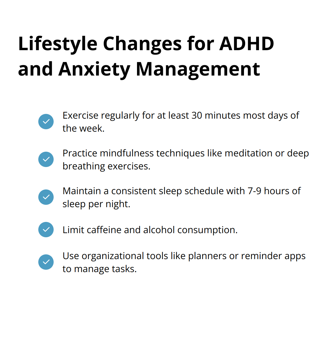 Checkmark list of 5 lifestyle changes to manage ADHD and anxiety symptoms