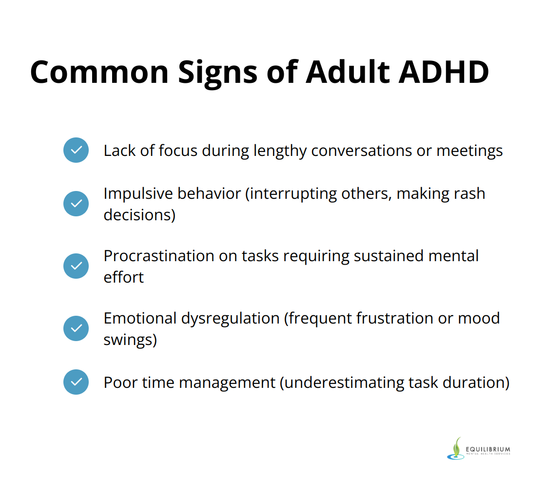 Checklist of five common signs of adult ADHD: lack of focus, impulsive behavior, procrastination, emotional dysregulation, and poor time management.