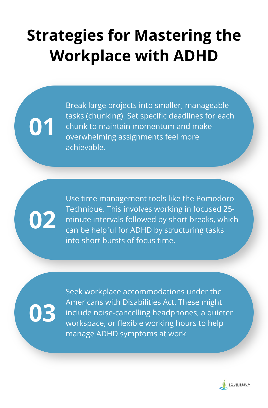 Ordered list of three strategies for mastering the workplace with ADHD: Break large projects into smaller tasks, Use time management tools, and Seek workplace accommodations. - adhd questions for adults