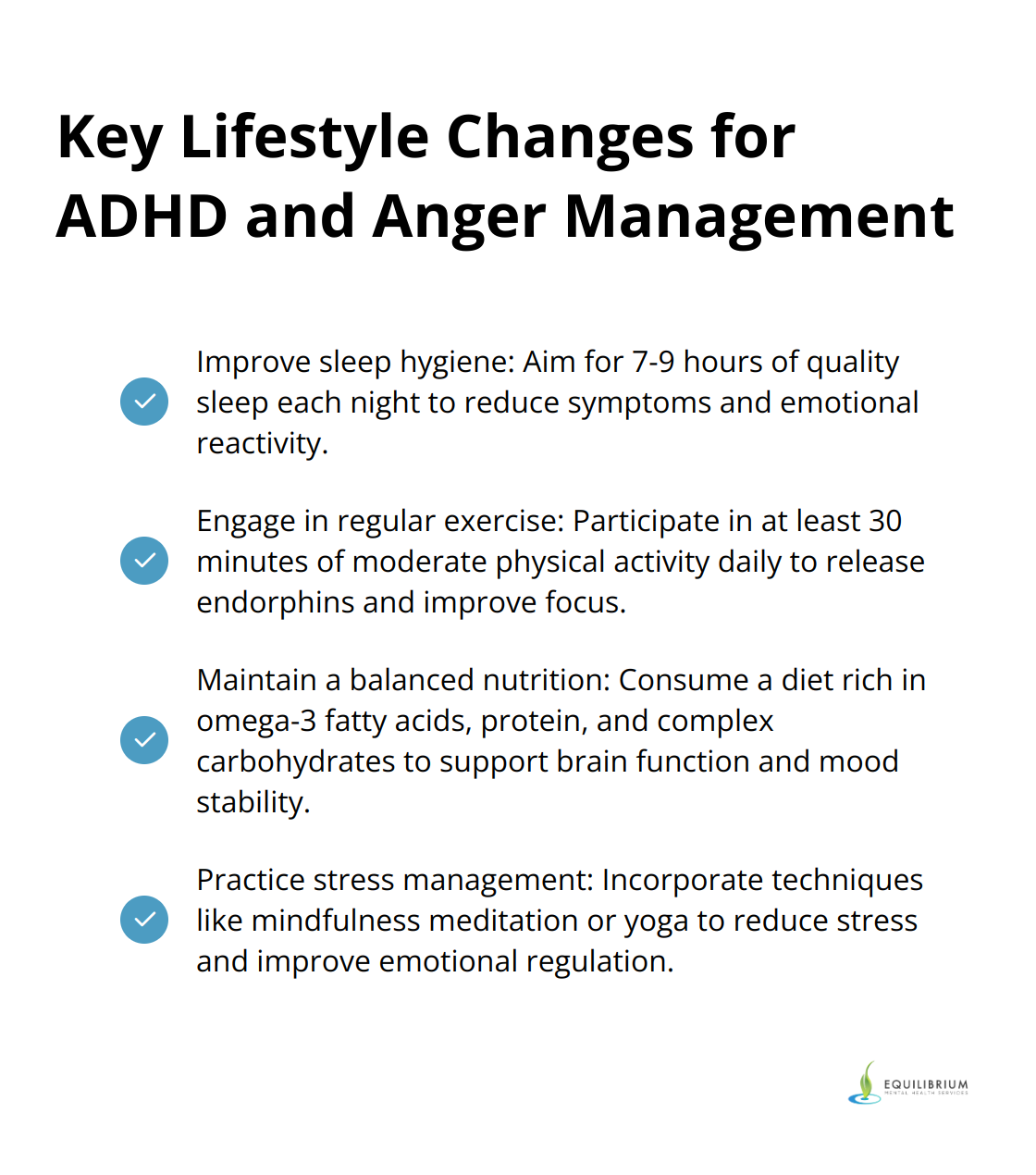 A checkmark list chart showing four key lifestyle changes to enhance ADHD and anger management: sleep hygiene, regular exercise, nutrition, and stress management.