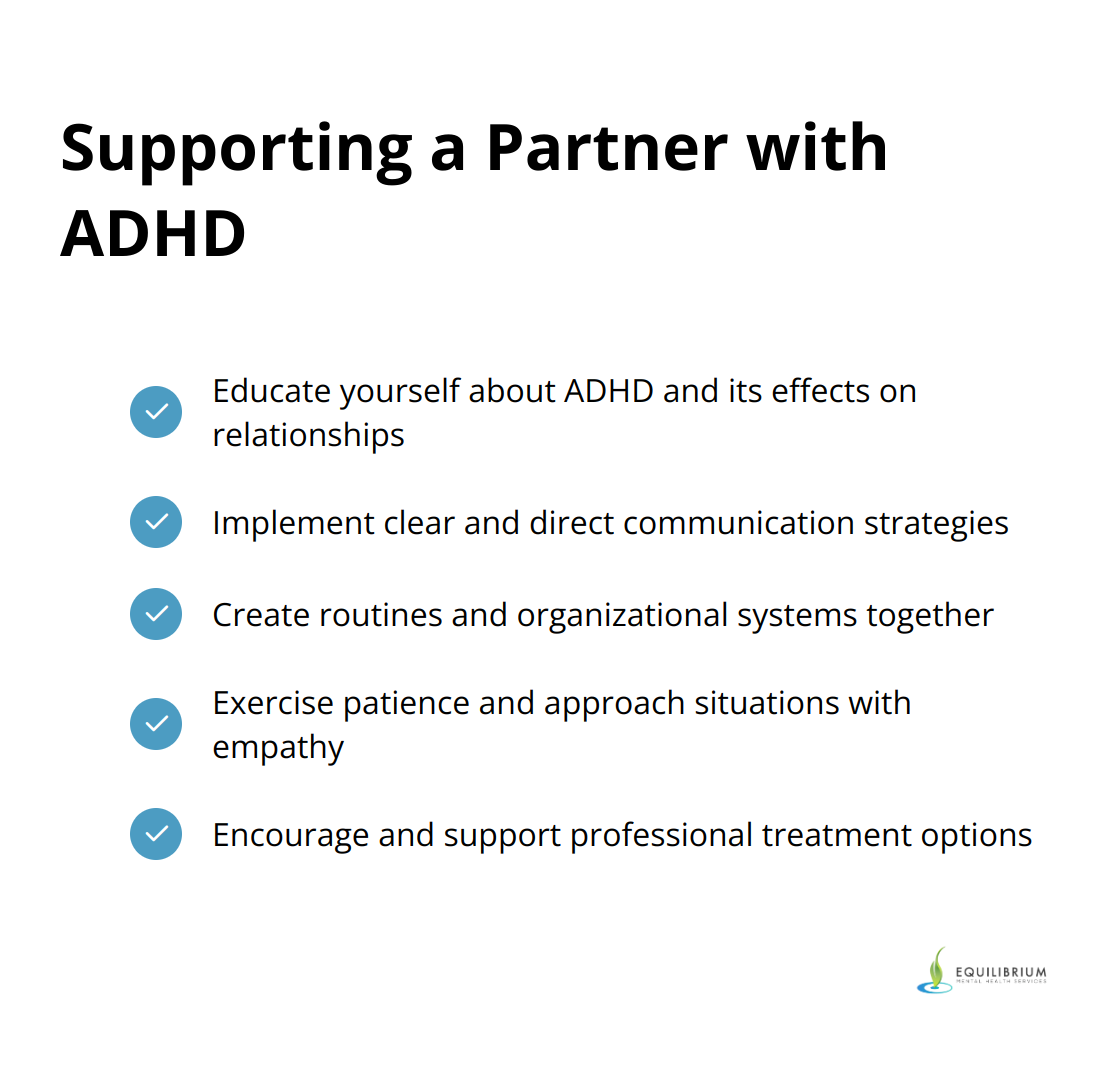 A checkmark list chart showing five ways to support a partner with ADHD: educate yourself, implement effective communication, create routines and systems, exercise patience and empathy, and promote professional treatment. - adhd relationships