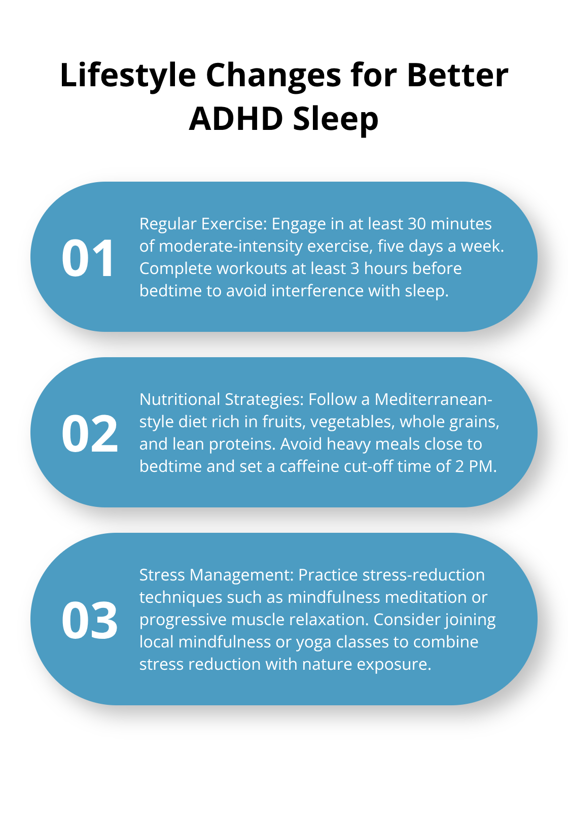 Ordered list chart showing three key lifestyle changes to improve sleep for individuals with ADHD