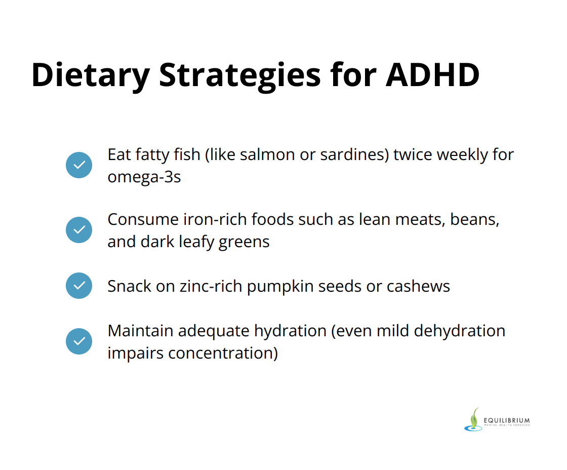 Checklist of dietary strategies for managing ADHD symptoms, including eating fatty fish, consuming iron-rich foods, snacking on zinc-rich foods, and staying hydrated.