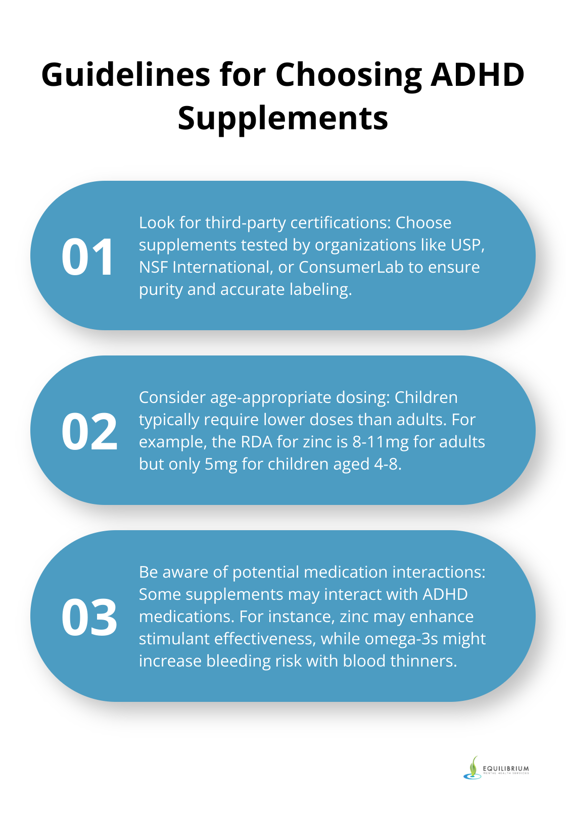 Ordered list of three key guidelines for choosing ADHD supplements: Look for third-party certifications, consider age-appropriate dosing, and be aware of potential medication interactions. - adhd vitamins