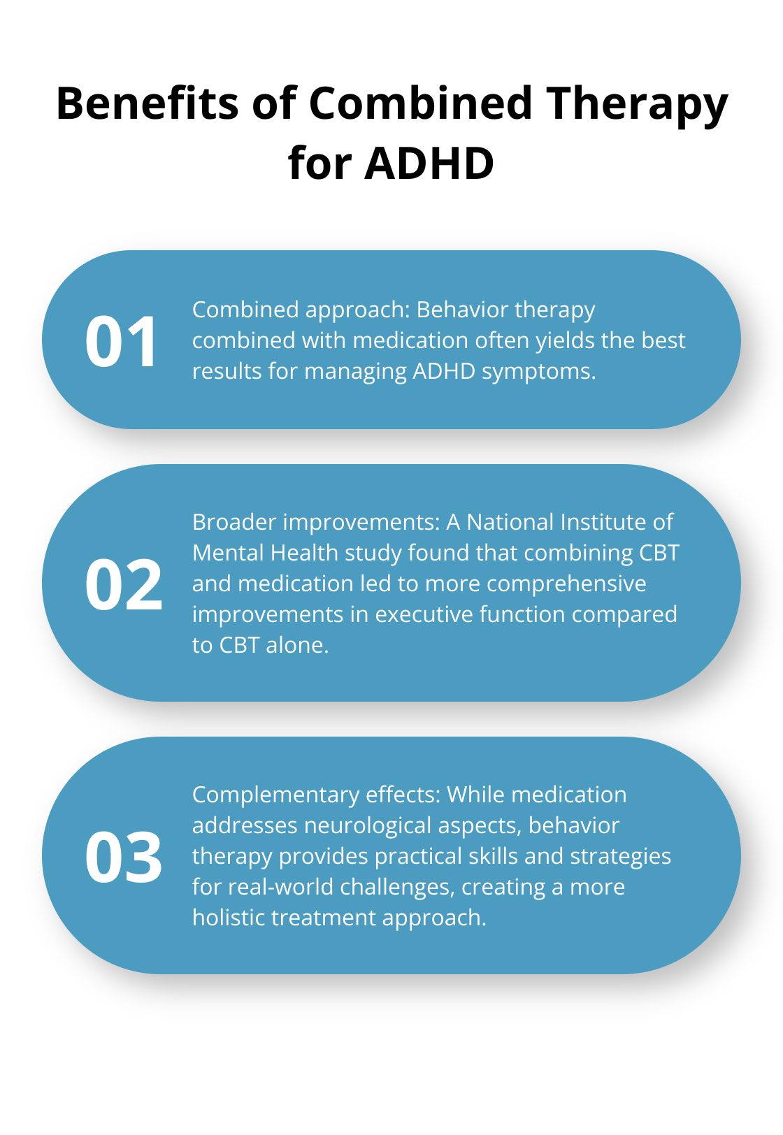 Chart outlining three key benefits of combining behavior therapy with medication for ADHD management - behavior therapy for adhd