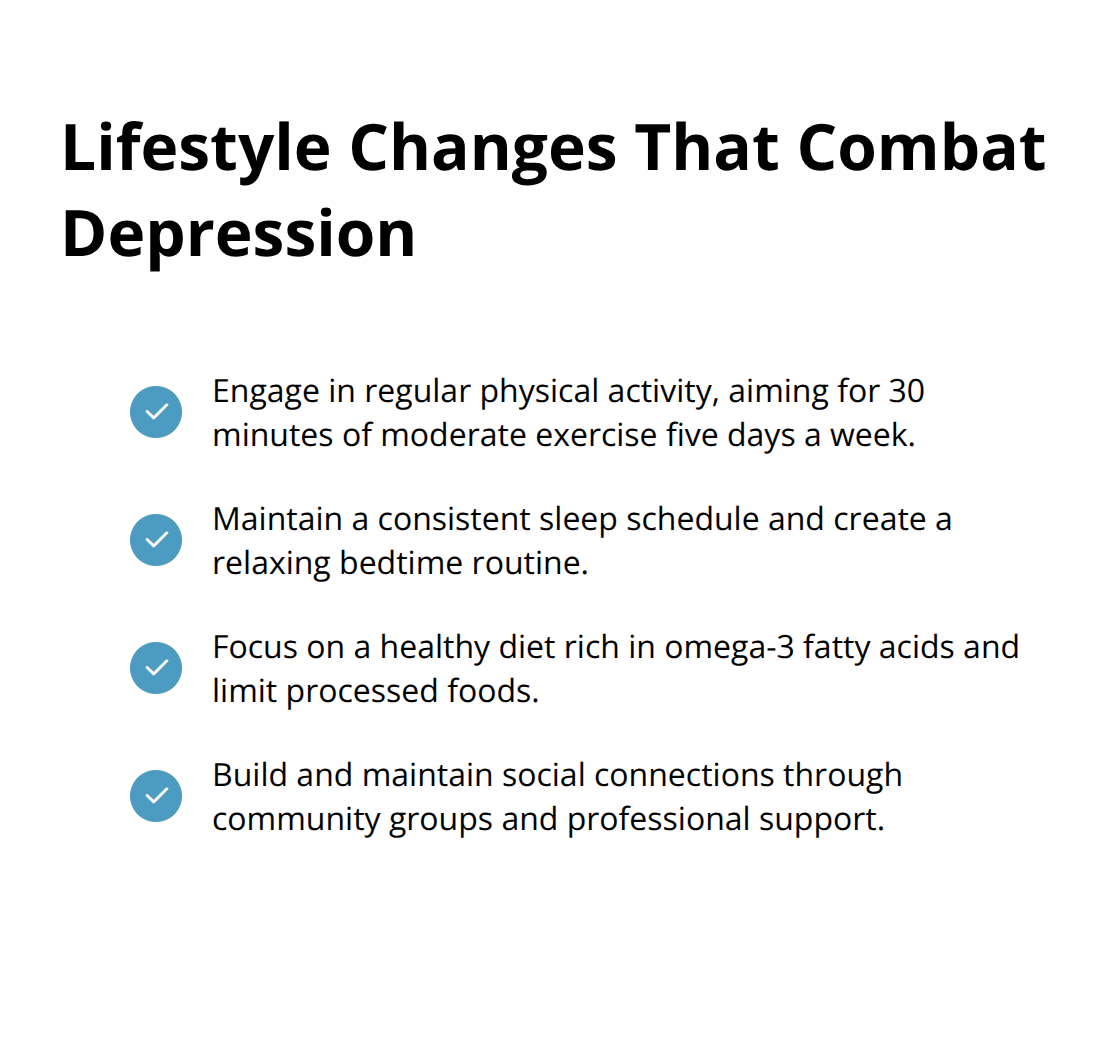Checkmark list showing four lifestyle changes that combat depression: Physical Activity, Sleep, Nutrition, and Building Support Network. - coping tools for depression