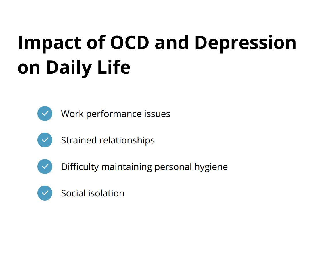 Checklist of four ways OCD and depression affect daily life: work performance, relationships, personal hygiene, and social isolation - does ocd cause depression