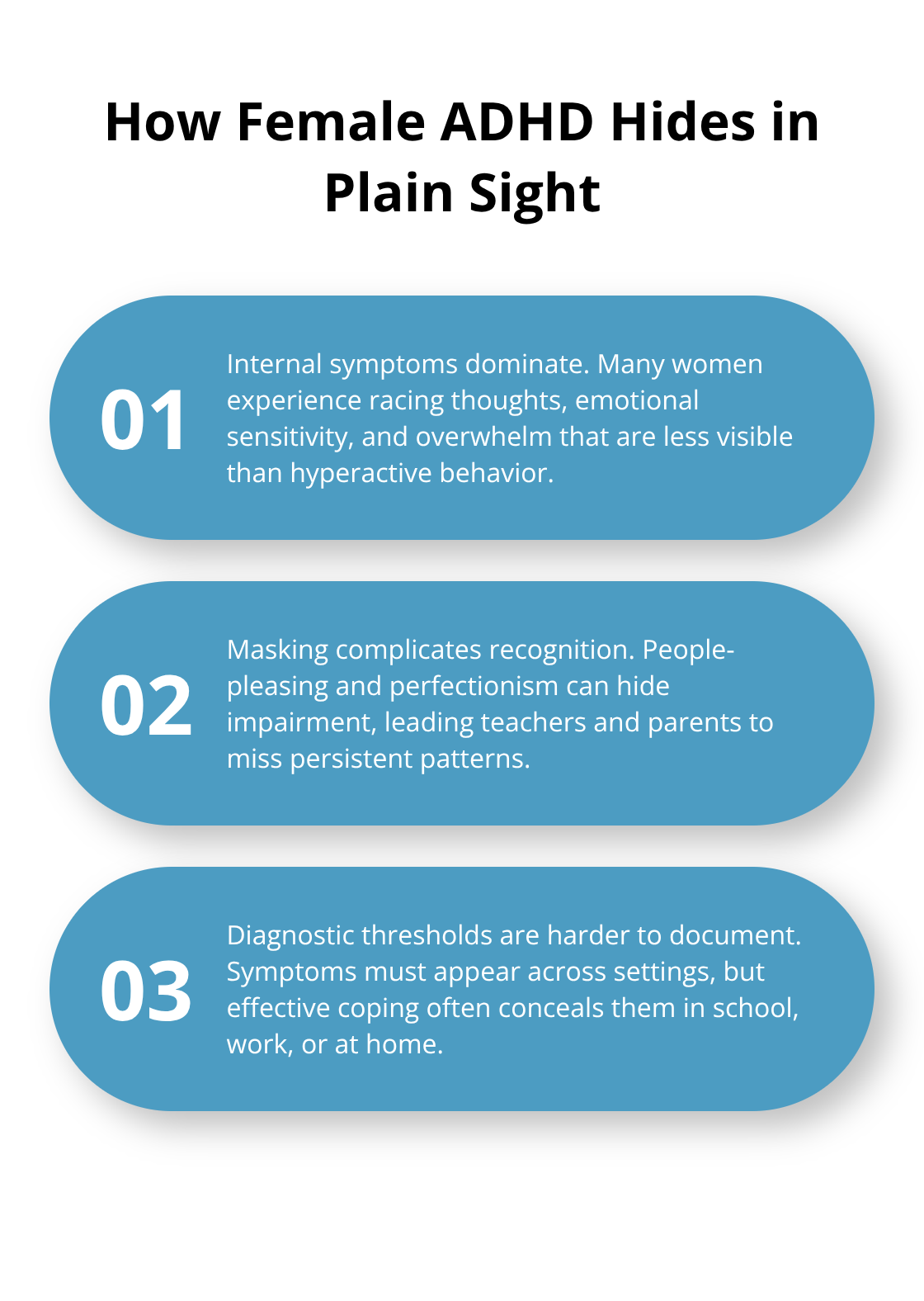 Three ways female ADHD can be hidden or overlooked compared to the hyperactive stereotype.