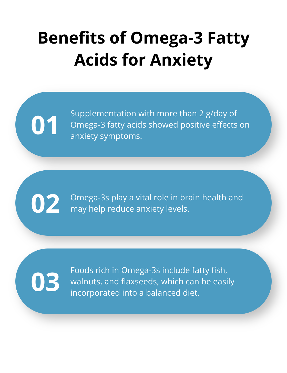 An ordered list chart showing three benefits of Omega-3 fatty acids for anxiety - how to stop hormonal panic attacks