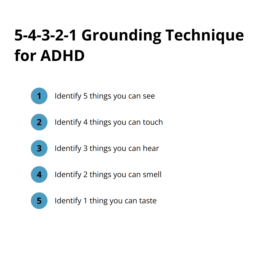 Ordered list showing the 5-4-3-2-1 grounding technique for ADHD: 5 things you can see, 4 things you can touch, 3 things you can hear, 2 things you can smell, and 1 thing you can taste - managing adhd without medication