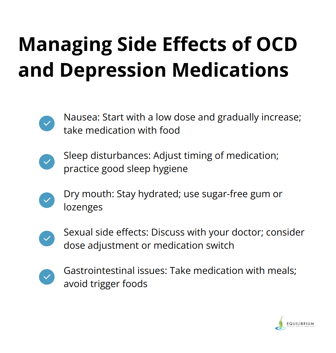 A checkmark list chart showing common side effects of OCD and depression medications and strategies to manage them