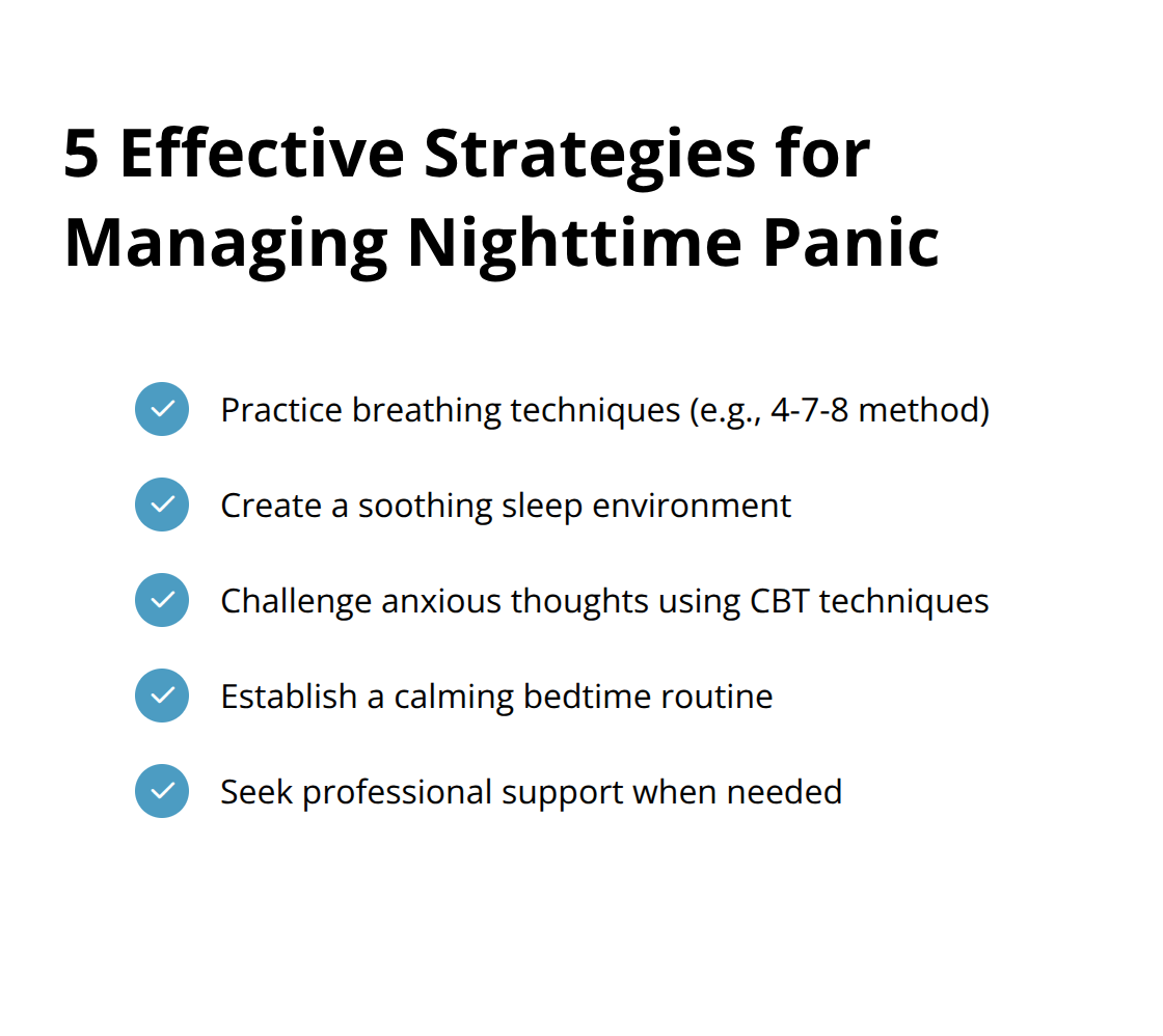 A checklist of five strategies to manage nighttime panic attacks: practice breathing techniques, create a soothing sleep environment, challenge anxious thoughts, establish a calming bedtime routine, and seek professional support. - panic attacks while trying to fall asleep