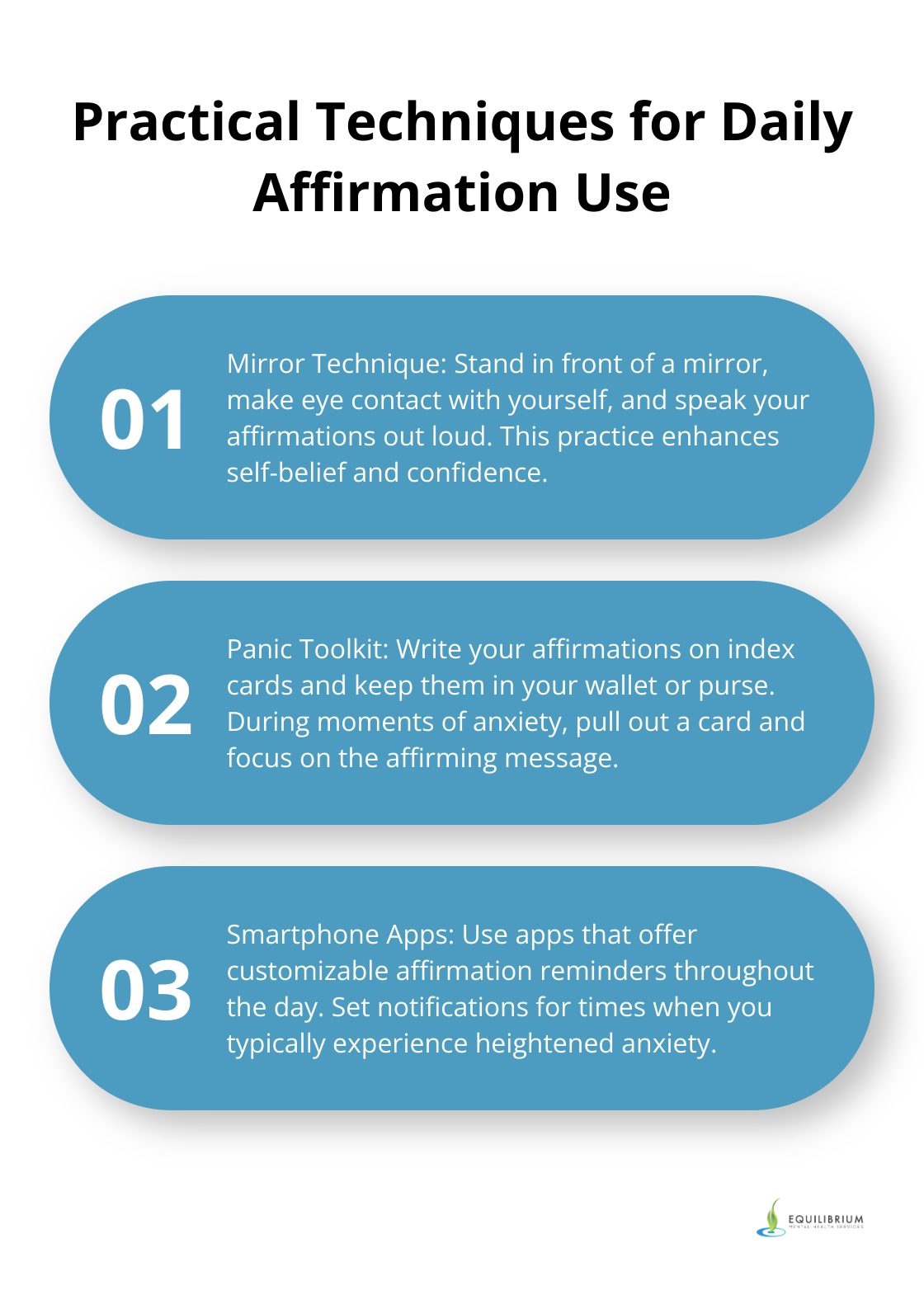 An ordered list chart showing three practical techniques for using affirmations daily: Mirror Technique, Panic Toolkit, and Smartphone Apps
