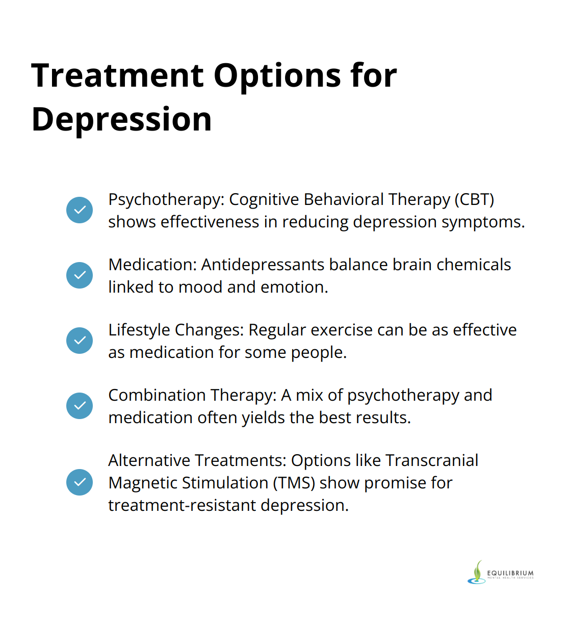 A checkmark list showing five treatment options for depression: Psychotherapy, Medication, Lifestyle Changes, Combination Therapy, and Alternative Treatments.
