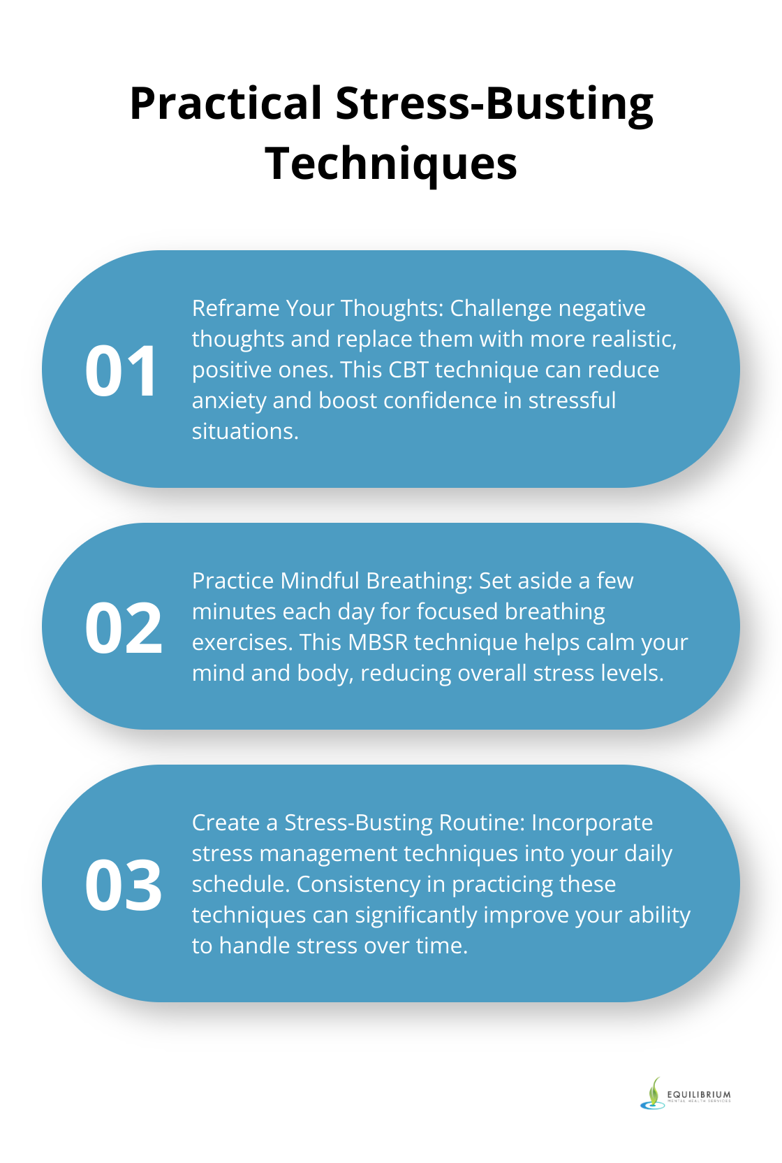 Ordered list chart showing three practical stress-busting techniques derived from psychotherapy - stress management psychotherapy