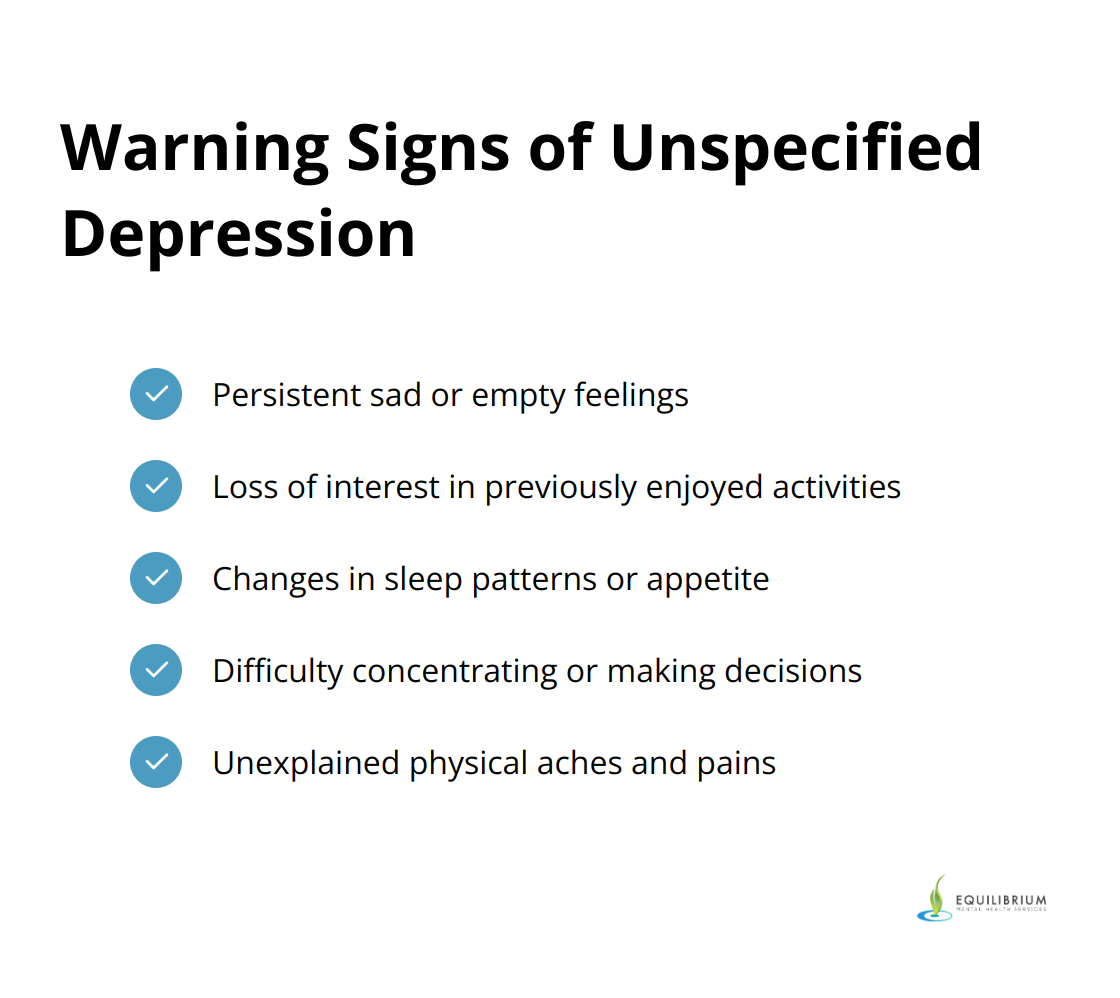 Checkmark list showing five warning signs of unspecified depression: persistent sad feelings, loss of interest, sleep or appetite changes, difficulty concentrating, and unexplained aches
